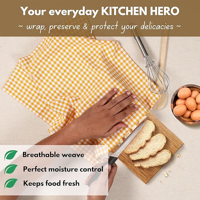 Native Fab 4 Pack Yellow Gingham Cotton Dish Towels 16"x26" - Absorbent Kitchen Linen Towels with Hanging Loop, Dishcloths Set for Drying Dishes, Cleaning Hand Towels, Mustard Yellow White