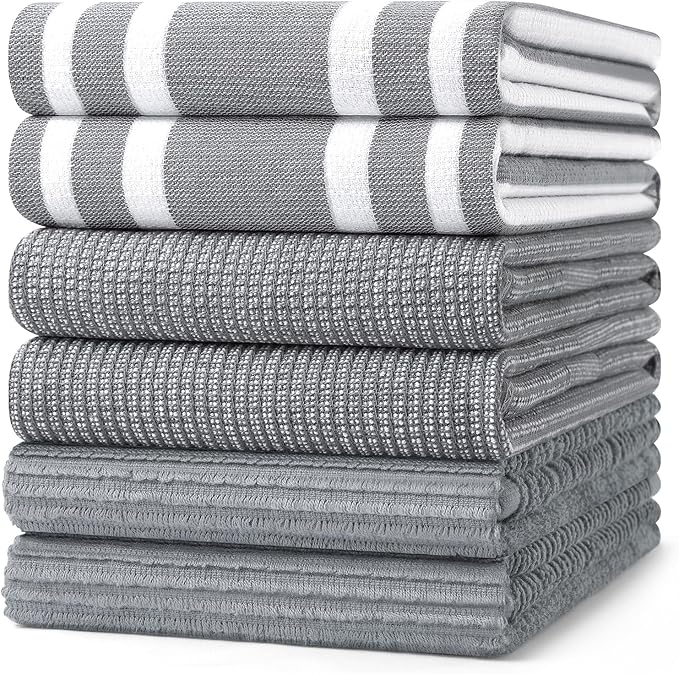 Homaxy Premium Kitchen Towels(18”x 28”, 6 Pack), Large Cotton 380 GSM Kitchen Hand Towels, Soft and Absorbent Terry Dish Towels, Multipurpose Tea Towel Set with Hanging Loop, Grey