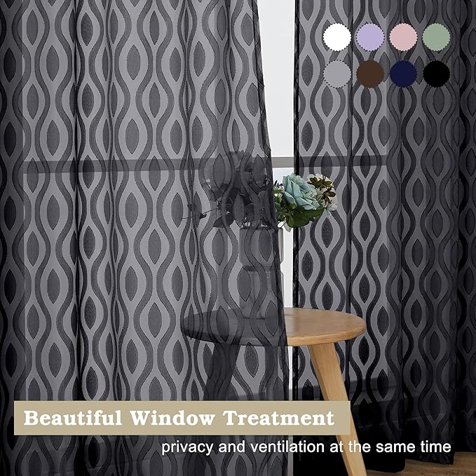 Aiyufeng Extra Long Sheer Curtains 96 Inches Long for Bedroom 2 Panels Set, Farmhouse Black Wavy Line Light Filtering Clip Jacquard Solid Voile Living Room Curtains, Dual Rod Pocket, 40"Wx96"L Inches