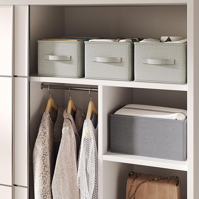 3 Pack Fabric Storage Bins for Shelves | 16.25x12x10in Closet Storage Baskets | Collapsible Storage Bins |Fabric Closet Organizers with Handles | Light Gray
