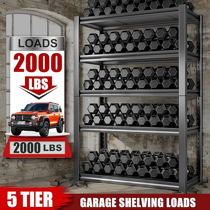 Raybee Storage Shelves 2000LBS Garage Shelving Heavy Duty, 5-Tier Adjustable Garage Shelves, Metal Shelving for Garage, Basement, Warehouse, Pantry, 72" H x 31.5" W x 16.5" D, 2PC, Black