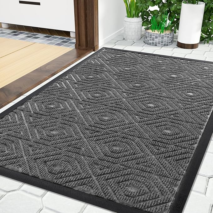 Yimobra Door Mat, Outdoor Indoor Entrance Welcome Mat, Heavy Entry Front Door Mat, Stain & Fade Resistant, Low Profile, Sturdy Rubber, Easy Clean Patio Floor Mat, Waterproof, 36 x 24, Gray