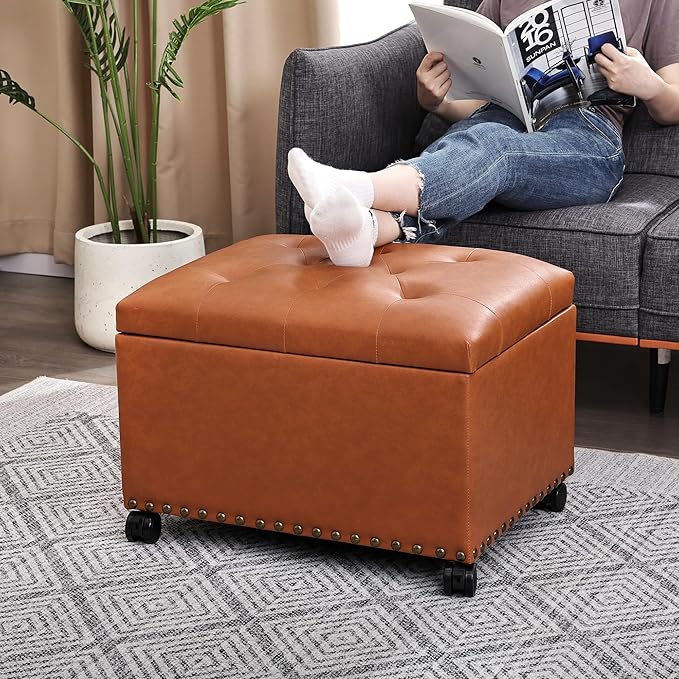 24" Square Ottomans with Storage, Leather Ottoman with Storage with Lockable Wheels and Hight Loading, Foot Stool Ottoman with Wheels for Makeup Room, Dorms and Apartments (Orange Brown)