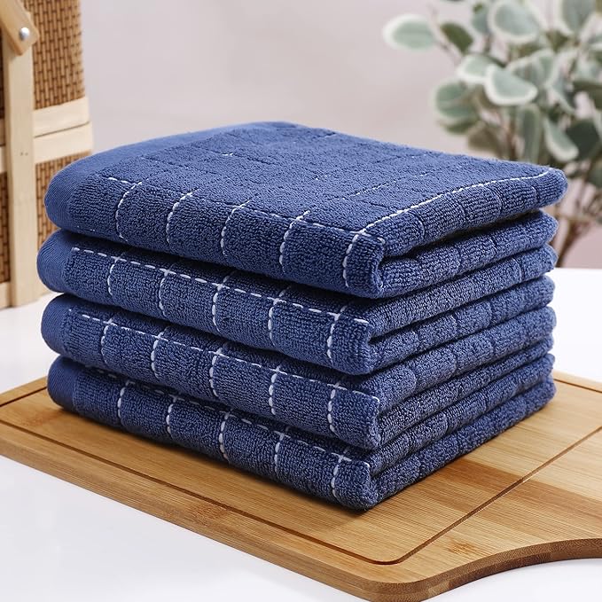 Homaxy 100% Cotton Terry Kitchen Towels(Navy Blue, 13 x 28 inches), Checkered Designed, Soft and Super Absorbent Dish Towels, 8 Pack