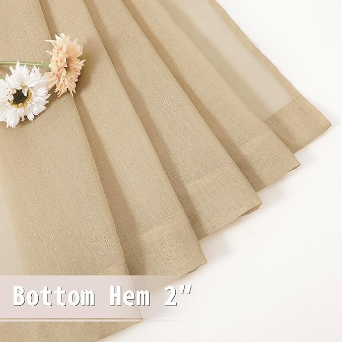 Tollpiz Short Sheer Linen Textured Curtain Sheers Doorway Light Filtering Voile Patio Glass Door Rod Pocket Curtains French Door, 54 x 54 inches Long, Beige, Set of 1 Panel