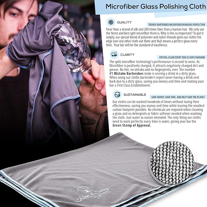 Trendy Bartender Toast to Perfection Microfiber Commercial Grade Glass Polishing Lint-Free Cloth for Spotless Shine and a Residue-Free Finish - 30x30 inch - Grey