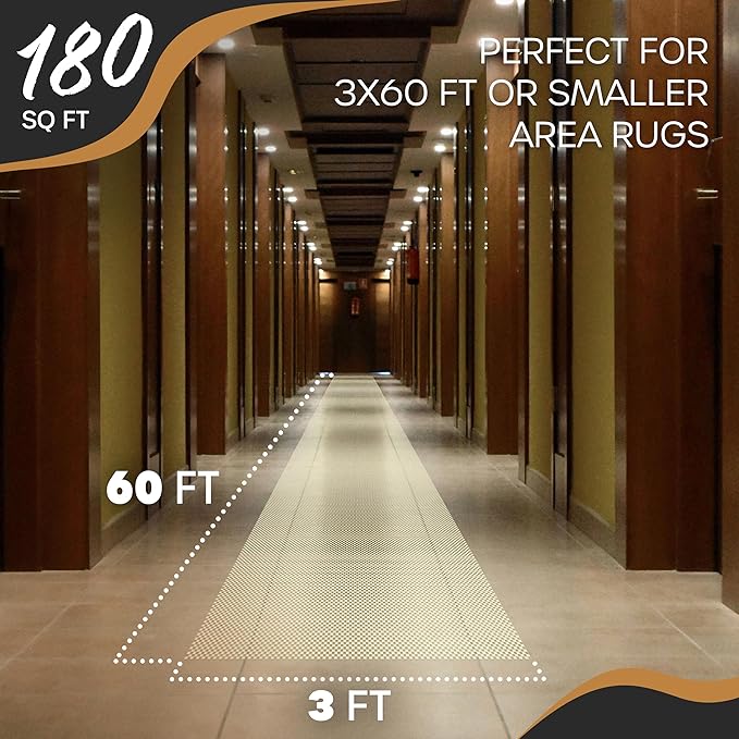 Nevlers 3x60 Ft. White Nonslip Rug Gripper Roll for Hallway Rugs & Runners| No Slip Rug Grip Rug Pad for Hard Surface Floors|Open-Weave PVC Under Rug Non Slip Pad | Carpet Grippers for Hardwood Floors