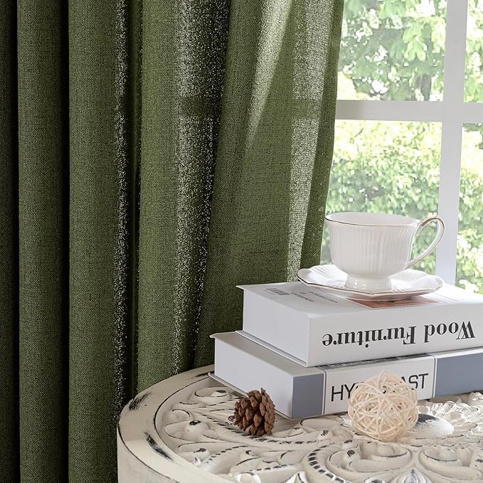 YoungsTex Olive Green Linen Curtains 48 Inch Length for Kitchen, Semi Sheer Small Window Drapes with Rod Pocket Back Tab Light Filtering for Short Living Room Bedroom, 2 Panels, 42 X 48 Inch