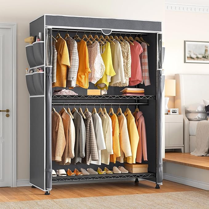 Raybee Clothes Rack with Cover, 81" H Clothing Racks for Hanging Clothes, Portable with Wheels and Adjustable Feets, Max Load 440LBS, Black