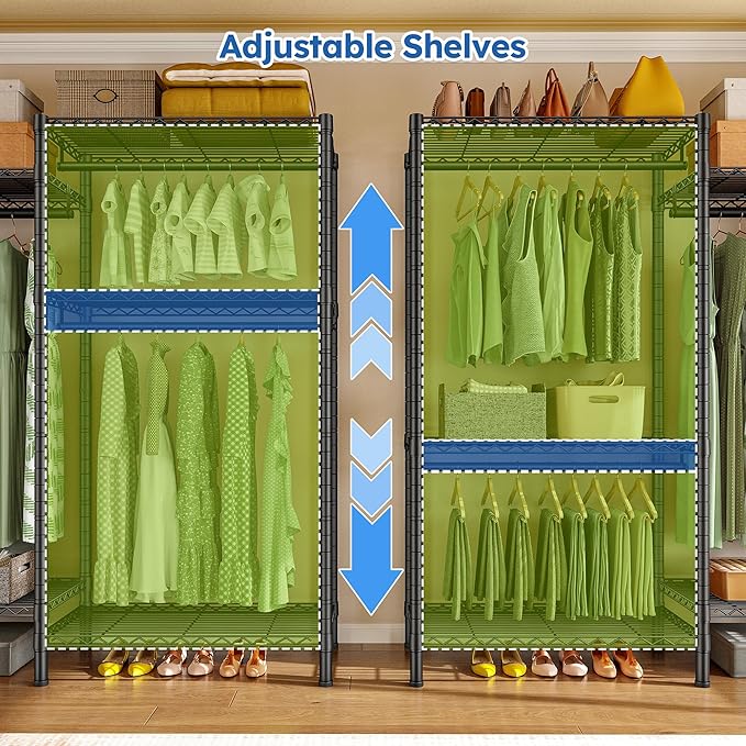 Raybee Clothes Rack Heavy Duty，Clothing Racks for Hanging Clothes with 5 Adjustable Hanging Rods, Metal Garment Rack for Bedroom, Laundry Room, Apartment,Gloss Black