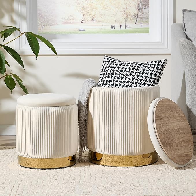Royal Windsor Round Ottoman with Storage Set of 2, Vanity Stool with Storage for Bedroom, Ottoman Coffee Table Gold-Tone Ring Around The Base, Small Velvet Foot Stool for Living Room, Beige