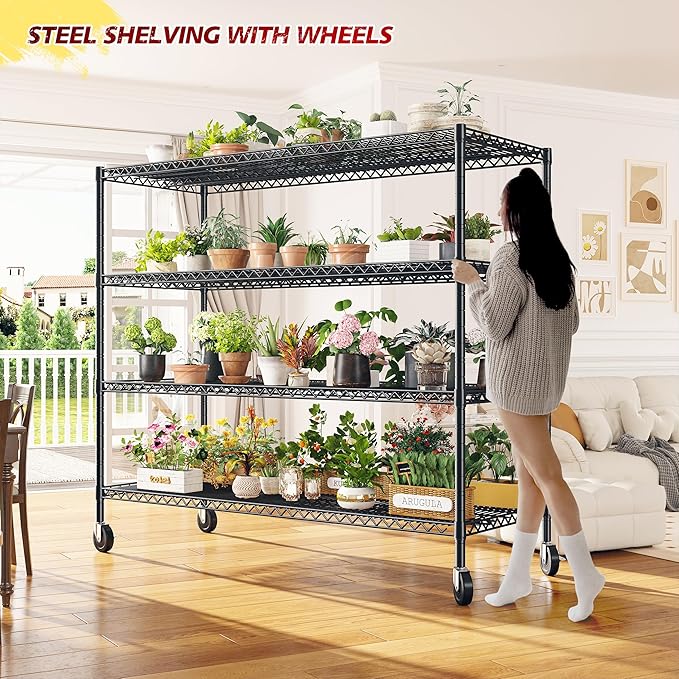 REIBII 75.6" H Storage Shelves 2500LBS Wire Shelving Unit with Wheels Garage Shelving Heavy Duty Metal Shelves for Storage Rack Adjustable Pantry Shelf Commercial Shelving, 75.6" H X 55.5''W X 24" D
