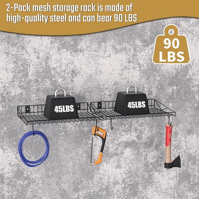 2 Pack Garage Wall Shelf, Garage Wall Mounted Shelving, Heavy Duty Floating Shelves With 4 Hooks, Loads 90 LBS Black Wall Shelves Mesh Storage Rack for Office, Basement, Wall Cabinet and Kitchen