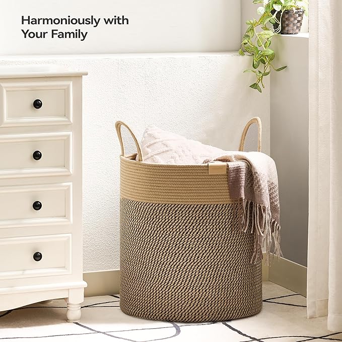 80L Laundry Hamper Basket,Baby Nursery Woven Storage Basket for Toys Bin,Pillows,Blankets,Clothes,Dark&Brown