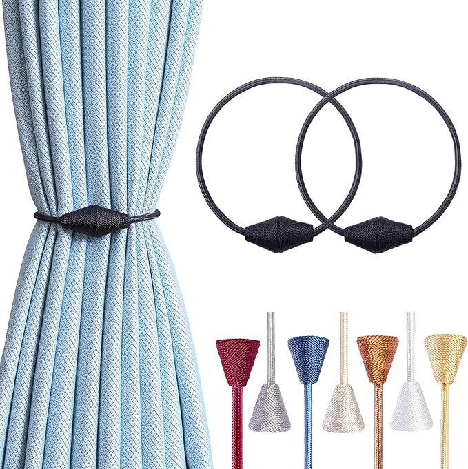 2 PCS Magnetic Curtain Tiebacks, European Style Convenient Drape Tie Backs Holdbacks for Thin or Thick Home & Office Window Draperies, No Tools Required-Black