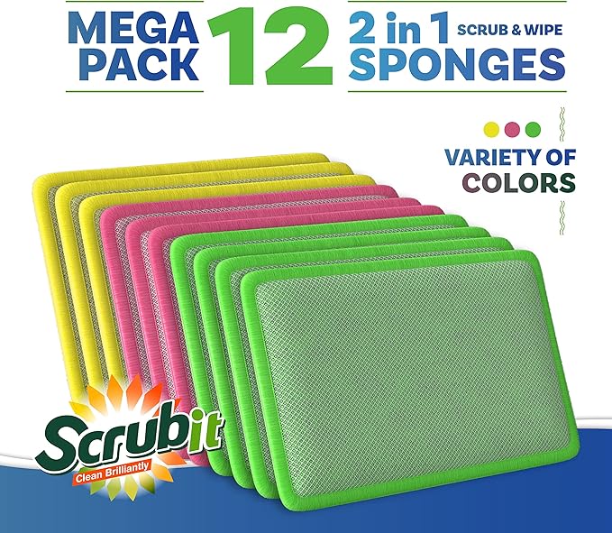 SCRUBIT - [12 Pack] Scrub and Wipe Cleaning Pads – Dual Sided Scouring Pad and Dish Sponge -Reusable Kitchen Sponge for Pots, Pans Utensils & Non-Stick Cookware - Assorted Color Dishwashing sponges