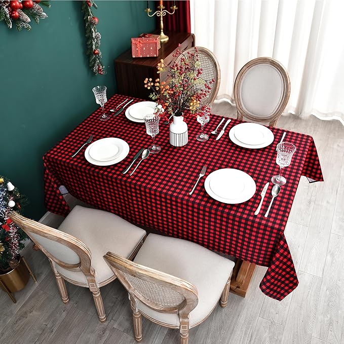 Red Waterproof Plaid Christmas Tablecloth Fabric - Square 58x58 Inch Classic Gingham Checker Holiday Table Cloth for Indoor Use - Xmas Table Cover for Picnics, BBQs, and Parties