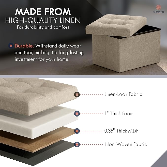 Ornavo Home Small Storage Ottoman, Set of 2, Foldable Collapsible Rectangle Linen Ottoman Foot Rest Stool Seat, for Living Room, Bedroom, Home Office, Dorm - 12 x 16 x 12, Taupe