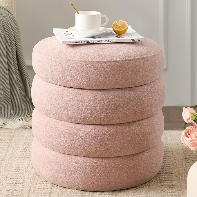 Round Ottoman with Storage Boucle Ottoman Stool Removable Lid for Living Room Modern Upholstered Vanity Storage Stool Foot Rest Bedroom Dorm Gift Set of 1 (Pink)
