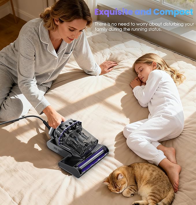 Mattress Vacuum Cleaner, 16Kpa Bed Vacuum Vleaner 253.7nm UV-C Light, 145°F Heat, HEPA Filter & Ultrasonic, Versatile Handheld Vacuums for Bed, Sofa, Couch, Crib (Corded,600W)