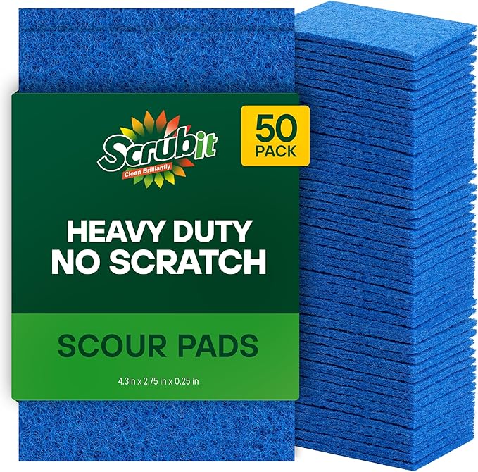 SCRUBIT 50 Pack Scouring Pad - Heavy Duty Scrub Pads for Cleaning Dishes - Non-Scratch Reusable Scrubbing - Blue
