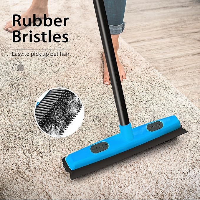 JEHONN Rubber Broom Carpet Rake Brush for Pet Hair with Squeegee, 52.8 inches Long Handle Silicone Fur Scraper Removal Tool with Detailing Lint Comb for Rug, Tile, Hardwood Floor Cleaning (Blue)