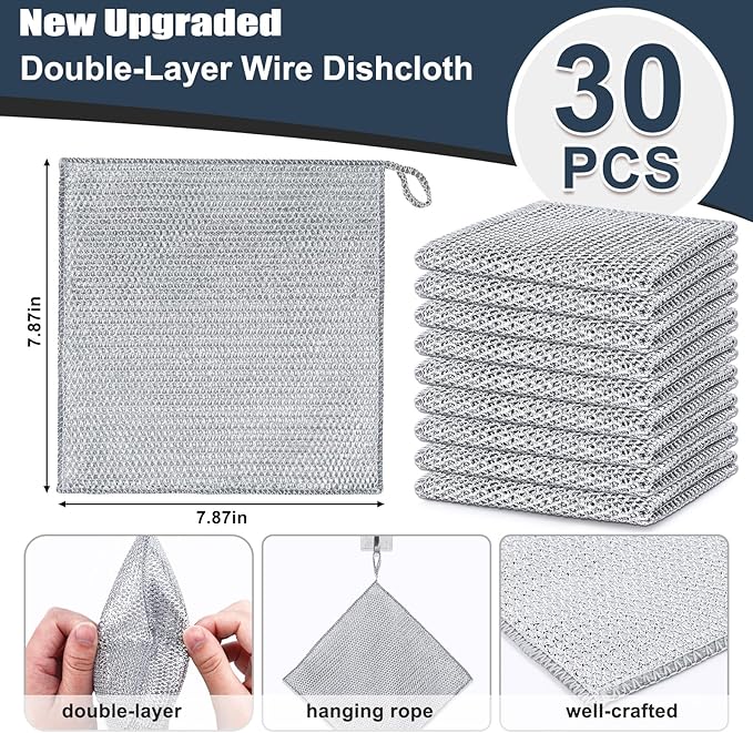 Navona 30 Pcs New Upgrade Steel Wire Dishcloth,Double-Layer Steel Wire Cleaning Cloth,Powerful Cleaning Non-Scratch Wire Dishcloth Rag for Cookware, Sinks, Dishes, Stove Tops