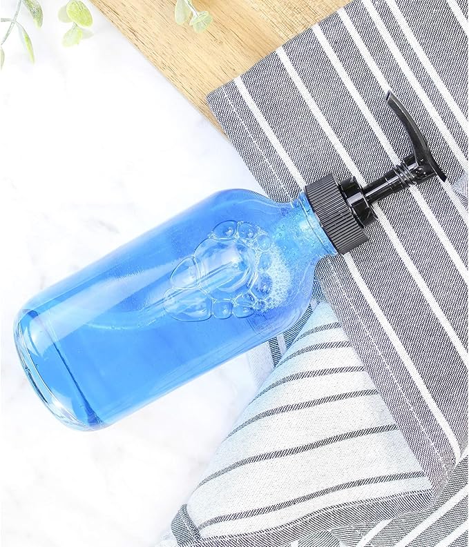 Cornucopia Brands 8oz Clear Glass Pump Bottles (4-Pack w/Black Plastic Pumps), Great as Essential Oil Bottles, Lotion Bottles, Soap Dispensers, and More