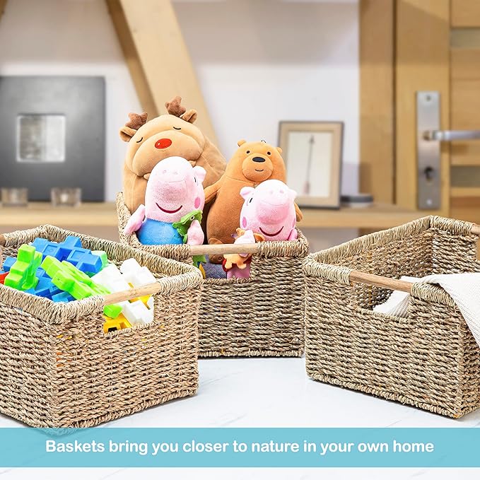 Large Wicker Basket Rectangular with Wooden Handles for Shelves, Seagrass Basket Storage, Natural Baskets for Organizing, Wicker Baskets for Storage - 3 Pack Large