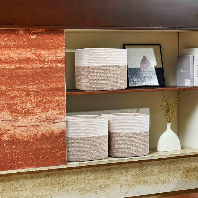 3 Pack Storage Cubes 11 Inch Cotton Rope Woven Baskets for Organizing Cube Bin Square Shelves Organizer,Classroom,Kids Toy Bins,Closet,Baby Nursery(Brown)