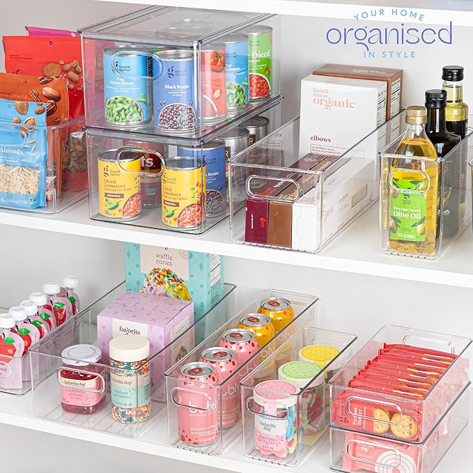 Plastic Food Storage 6 Pack Clear Container Bin with Handles for Organizing Kitchen, Pantry, Refrigerator, Freezer, Pantry, Cabinet, Closet, Bathroom. 14”x4”x5”