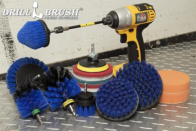 Drillbrush Stainless Steel Cleaning Brush Set, 21-Piece with Blue Medium Bristles, Edge & Cone Brush, Extension, Pads for Pool, Boat, Fish Tank, Aquarium