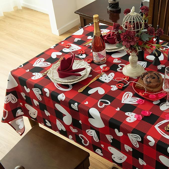 Red Waterproof Plaid Valentines’ Day Tablecloth Fabric - Square 58x58 Inch Classic Love Heart Table Cloth for Indoor Use - Checkered Table Cover for Picnics, Dinner, and Parties