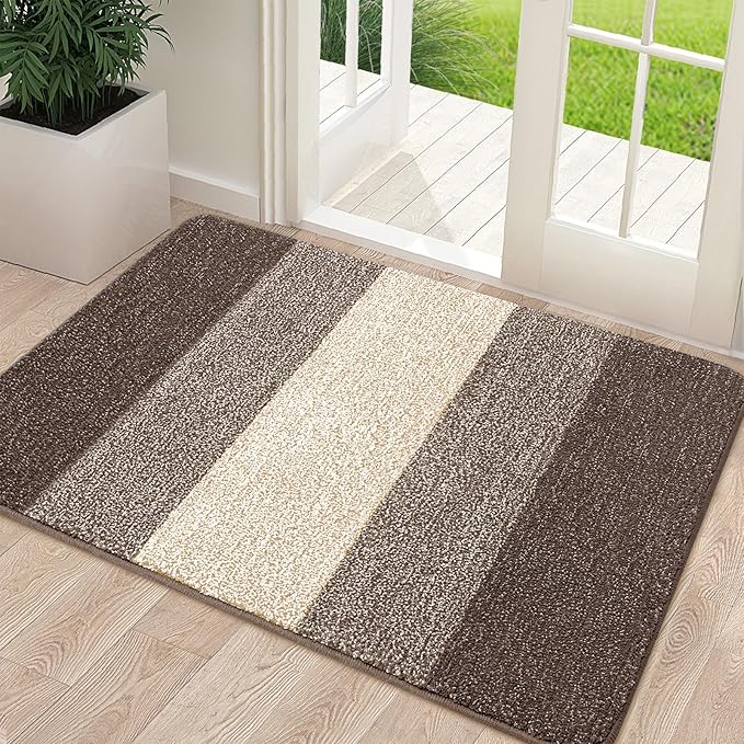 Kitinjoy Indoor Outdoor Door Mat, 48x32 Non-Slip Absorbent Dirt Trapper, Low-Profile Washable Inside Entrance Front Floor Mat, Sturdy Soft Entry Doormats for Entryway, Light Brown