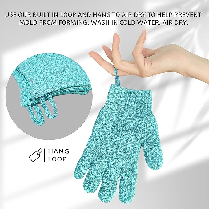 Evridwear Exfoliating Gloves for Shower, 100% Nylon Thick Soft Medium Heavy Bathing Gloves Dead Skin Remover Body Scrubber Smooth Skin with Hang Loop, Angel Blue