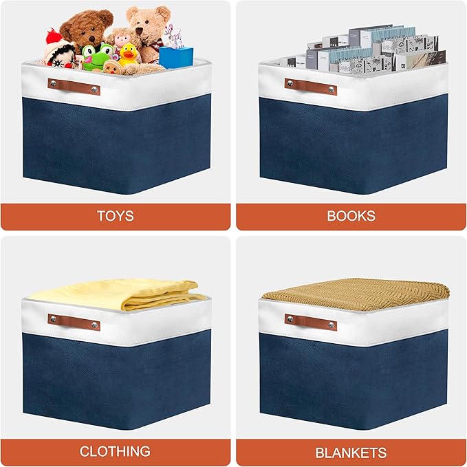 13in Open Fabric Storage Basket with Leather Handles for Organizing, Collapsible Linen Closet Bins for Shelves, Closets, Laundry, Decorative Basket for Gifts. (White＆Blue, 3PCS/13x13in)