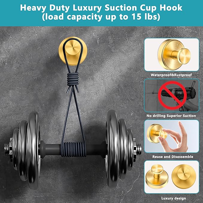 Suction Cup Hooks for Shower,Wreath Hanger for Front Door,Removable No Drill Waterproof Towel Loofah Hook,Upgraded 15 lbs Strong Suction Metal Hooks for Bathroom,Wall,Garland Glass Door-Gold 2 Pcs