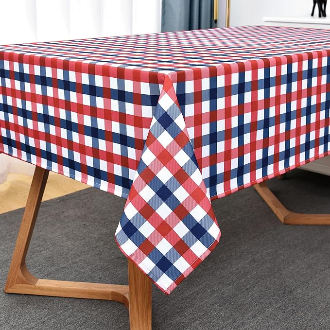 Waterproof Plaid Tablecloth Fabric - Oblong 52x70 Inch Patriotic Party Table Cloth for Indoor/Outdoor Use - Independence Day Memorial Day Washable Table Cover