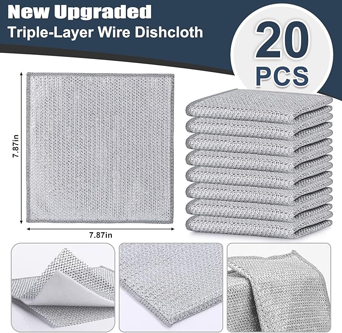 Navona 20 Pcs New Upgrade Steel Wire Dishcloth,Triple-Layer Steel Wire Cleaning Cloth,Powerful Cleaning Non-Scratch Wire Dishcloth Rag for Cookware, Sinks, Dishes, Stove Tops, 20pack, NA-608