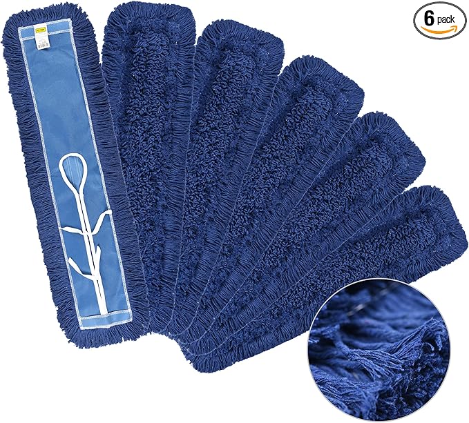 Matthew Cleaning 24'' Industrial Strength Cotton Dust Mop Refill Washable Replacement Heads for Residential & Commercial Use Fit Standard Dust Mop Frames, Hardwood, Laminate, Concrete Floors 6 Pack