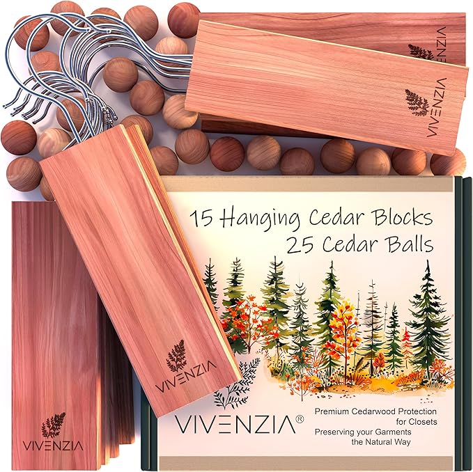 Cedar Blocks for Clothes Storage -40 pcs (15 Hang-ups & 25 Balls)- Cedar Balls for Clothes Storage, Natural Closet Smell Eliminator, Natural Closet Deodorizer, Drawer Fresheners for Dresser.