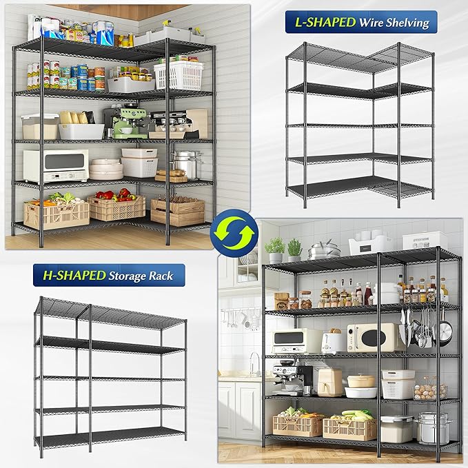 52.36" W Storage Shelves Metal Shelving Unit Load 1400LBS 5 Tier Wire Shelf for Storage Adjustable Garage Shelving Heavy Duty Shelves for Pantry Kitchen Garage, 52.36W x13.78Dx70.8H