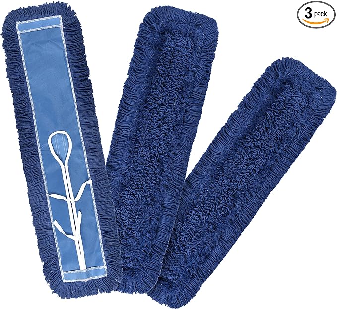 Matthew Cleaning 24'' Industrial Strength Cotton Dust Mop Refill Washable Replacement Heads for Residential & Commercial Use Fit Standard Dust Mop Frames, Hardwood, Laminate, Concrete Floors 3 Pack