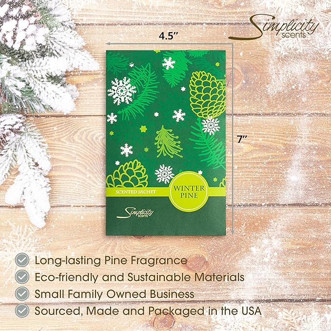 Simplicity Scents Winter Pine Scented Sachets Pack of 6, Fall & Winter - Long-Lasting Scented Bags, Home Fragrance, Air Freshener & Deodorizer for Closet, Room, Drawer, or Cars, Made in USA