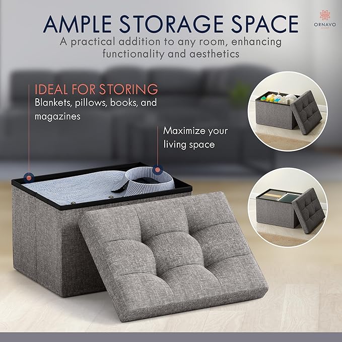 Ornavo Home Small Storage Ottoman Foldable Collapsible Rectangle Linen Ottoman Foot Rest Stool Seat, for Living Room, Bedroom, Home Office, Dorm - 12 x 16 x 12, Dark Gray