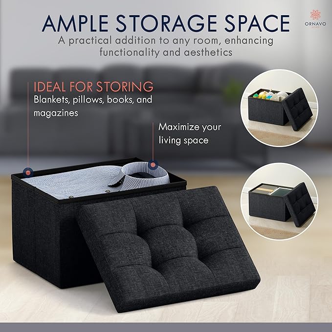 Ornavo Home Small Storage Ottoman Foldable Collapsible Rectangle Linen Ottoman Foot Rest Stool Seat, for Living Room, Bedroom, Home Office, Dorm - 12 x 16 x 12, Black