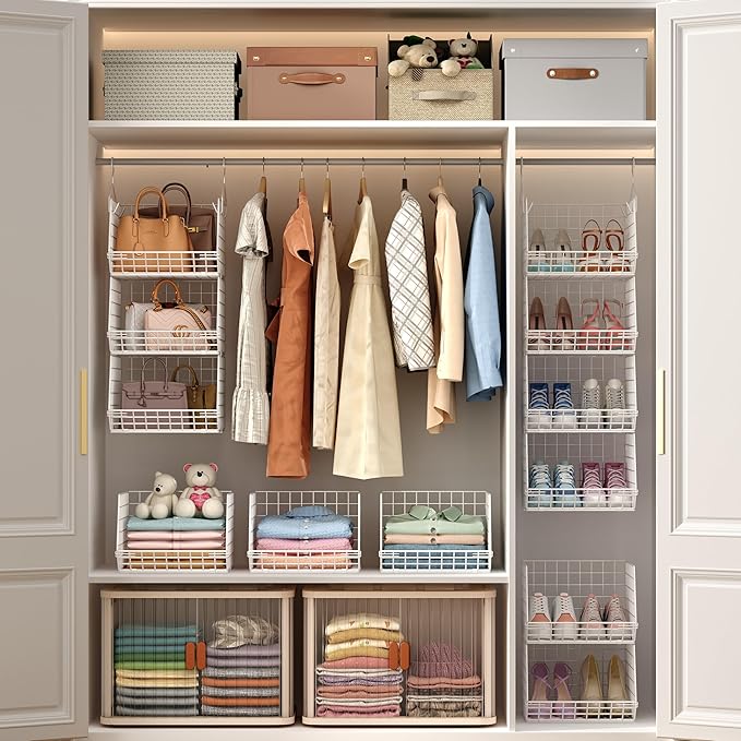X-cosrack 4 Tier Closet Hanging Organizer, Foldable Closet Shelving with 2 Hanging Hooks 5 S Hooks, Wire Storage Basket for Wardrobe Laundry Room, for Clothing Sweaters Shoes Handbags Patent-White