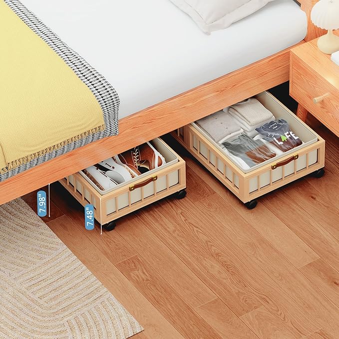 efluky 2-Pack Bamboo Under Bed Storage with Wheels, Rolling UnderBed Storage Basket with Large Dust Bag, Under Bed Storage Containers for Bedroom, Dorm and Basement, Nature
