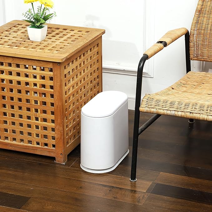 White Slim Bathroom Trash Can with Press Top Lid,12 Liter Small Thin Garbage Can,3.17 Gallon Narrow Dog Proof Plastic Waste Basket and Covered Wastebasket for Room,Bedroom,Kitchen,Toilet,Office,Dorm