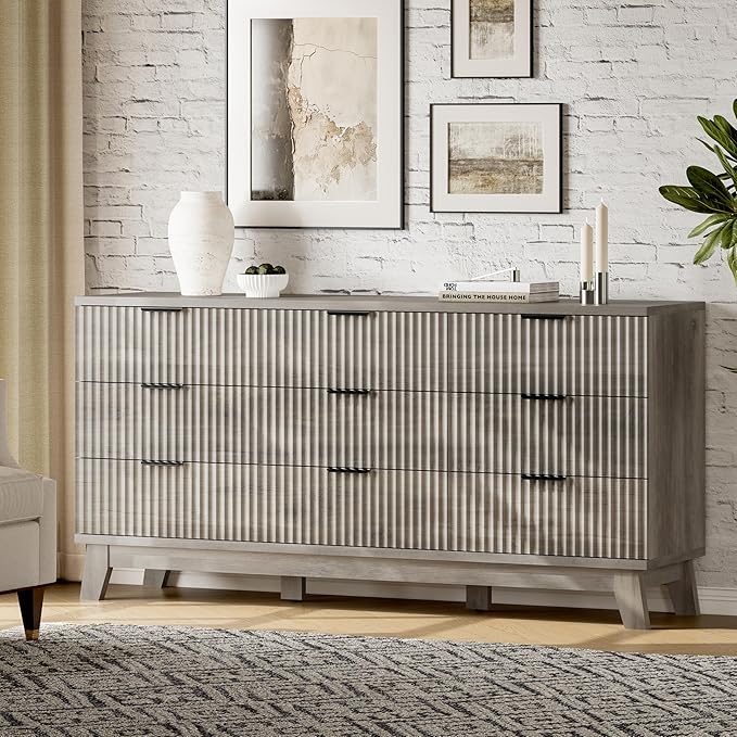 Fluted Dresser with 9 Drawers, 63" Wide Modern Chest of Drawers with Metal Handle, Wooden Dresser TV Stand, Wood Closet Clothes Storage Organizer for Bedroom, Living Room, Hallway, Light Grey